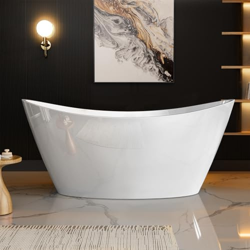 Bathtub, 67 Free Standing Tub, Luxury Acrylic Soaking Tub, Modern Stand Alone Tub with Ergonomic Design, Glossy White, Brushed Nickel Drain & Overflow Included, Oval Shape