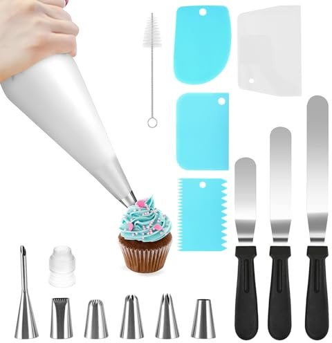 Miawtro Juego de espátulas de glaseado para pastelería, accesorios para repostería, con jeringa de crema, reutilizable con 6 boquillas, tres tamaños diferentes de espátulas de acero inoxidable y