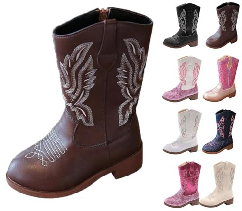 Stivali alti al ginocchio da cowboy per ragazze stivali da equitazione per bambini glitter Y2K in pelle lunga stivali da ballo punta rotonda tacco scarpe invernali per Natale, festival, carnevale