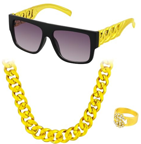 BSBUY Tillbehör kostym set rapper hip hop tillbehör med dollar kedja stort guld halsband dollar tecken ring gyllene armband herr gangster Gang ring för 80s/90-talet karneval temafest karneval fest