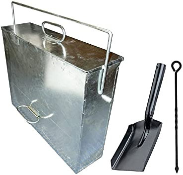 Fireside Silver Ash Carrier Galvanised Metal Hot Tidy Box Container Fireplace Pan Bucket Bin Ash Storage Box wih Free Shovel & Poker