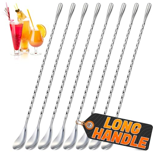 8 Pcs Bar Spoons Set – 12'' Long Handle Drink Stirrer with Twisted Spiral Design – 304 Stainless Steel | Long Spoons for Stirring Cocktails, Coffee, Milkshakes, Smoothies | Home & Coffee Bar Use
