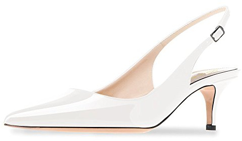 Lutalica W Zapatos de tacón de charol de las mujeres con punta puntiaguda básicos cómodo gatito talón Slingback, White, 35.5 EU