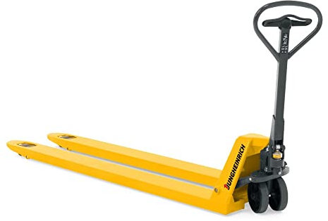 Jungheinrich Hubwagen AM mit Schnellhub bis 120 kg | 3.000 kg Tragkraft | 1.600 mm Gabellänge | Lenkrad/Gabelrolle aus robustem Polyurethan | Tandem-Gabelrollen | Palettenhubwagen