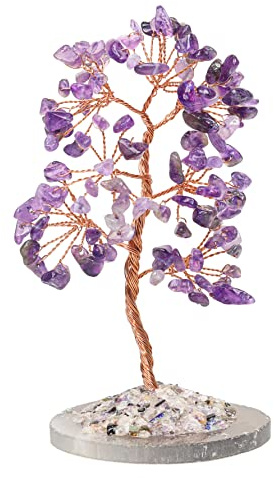 Halukakah Cristal Árbol Salud Feng Shui Cuarzo Amatista Auténtico Piedras Preciosas Árbol de la Vida Envuelto a Mano Cobre Ramas de Alambre Ágata Base Cuenco de Canto Bendecido 15cm Alto