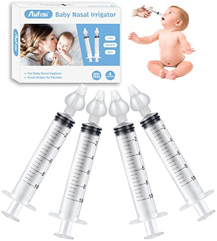 Aufisi Nasenspritze Baby, 4 Stück Nasenspüler Wiederverwendbare, Nasendusche Kinder 10ml Tragbares, Nasenspülung mit Silikon Nasensaugspitze, Hochwertigen Nasenspülset Sicherer und Komfortabel