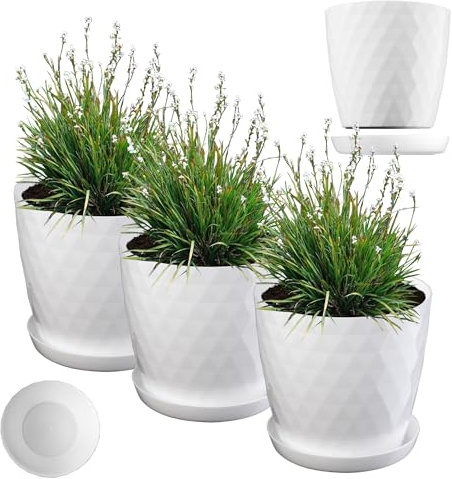 KADAX Set di vasi da fiori in plastica con sottopentola, fioriera in materiale leggero, vaso decorativo per erbe, vaso per fiori, piante, cactus e succulente (Set di 3-20 cm, bianco)