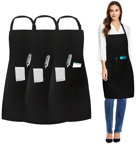 umboom Lot de 3 Tabliers Imperméables Noir, Réglable Cuisine Tablier avec 3 Poches pour Homme Femme, Professionnel Travail Tablier pour Serveur Chef, Restaurant Café Jardinage Boulangerie Bar Tablier