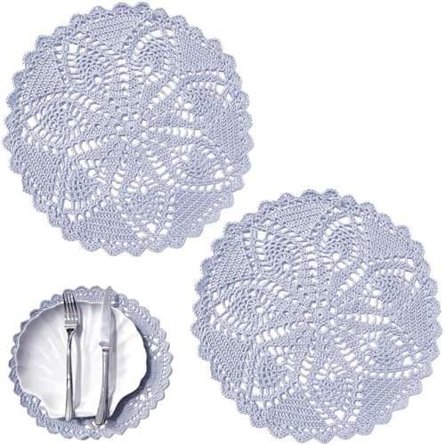 BIBITIME Anniversary Mother's Day Lace Placemats Kitchen Dinner Table Doilies Dishes Bowl Knife Fork Mats Handmade Crochet Knitted (Style06-BrightGrey,11 in to 12 in, 2)