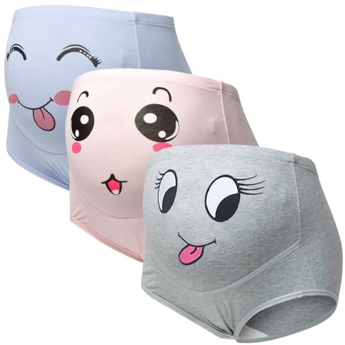 Women's Maternity High Waist Underwear Pack of 3 Cotton Pregnancy Panties Smile Printing Belly Underpants Over Bump Briefs with Adjustable Drawstring
