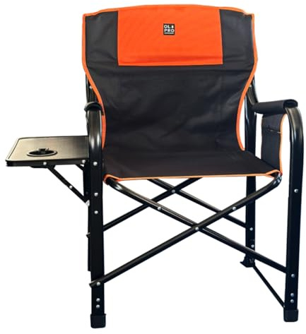 OLPRO Deluxe Directors Chair – Orange & Black – Heavy Duty Folding Chair with Side Table, Cup Holder & Zip Storage – Portable Outdoor Furniture for Adults, Sturdy & Comfortable