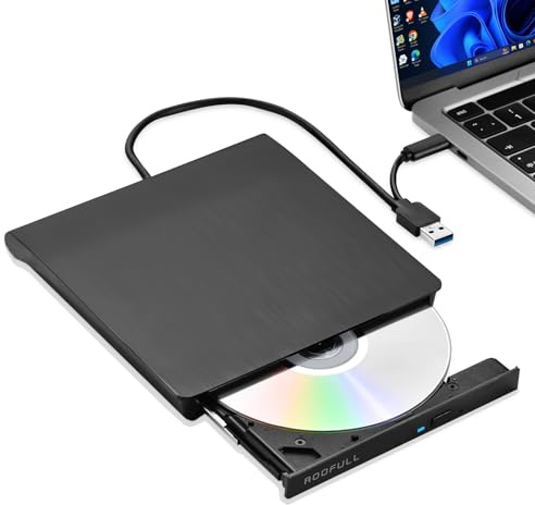ROOFULL External CD DVD Drive for Windows 11/10/7 Laptop PC, USB 3.0 & USB-C CD DVD ROM Reader Writer +/-RW Disc Drive Burner Player Compatible for Windows OS Laptop Desktop Computer