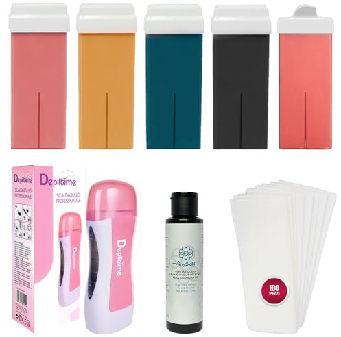 Anyskin Kit Scaldacera Rullo Professionale - Contiene 5 Ricarica Ceretta Rullo Liposolubile Black, Aloe, Rosa, Argan, Baffetti + Anyskin Olio Dopocera 100ml e Strisce Depilatorie Tnt 100pz