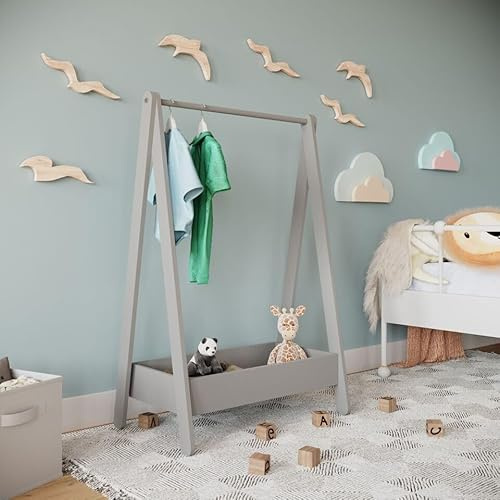 URBNLIVING Kids Wooden Hanging Dress Up Clothes Rail Rack Display Stand Extra Storage Shelf (Grey)