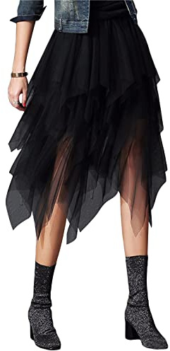 Women Tutu Tulle Skirt Fairy Elastic High Waist Party Midi Skirt Asymmetrical Tutu A-Line Mesh Layered Swing Skirts (Black, ONE Size)