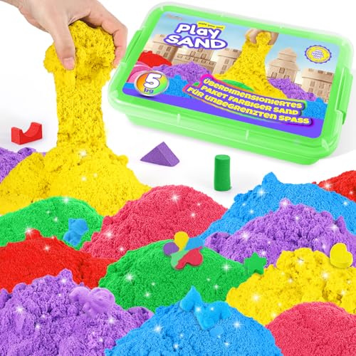 AtMini Wonder Sand Regenbogen Mix Set -5kg Spielsand with 6 Farbe，Knetsand für kinder Sandbox mit Deckel für kinder 3 4 5 6 7+ Jahre Alt（Smaragdgrün）