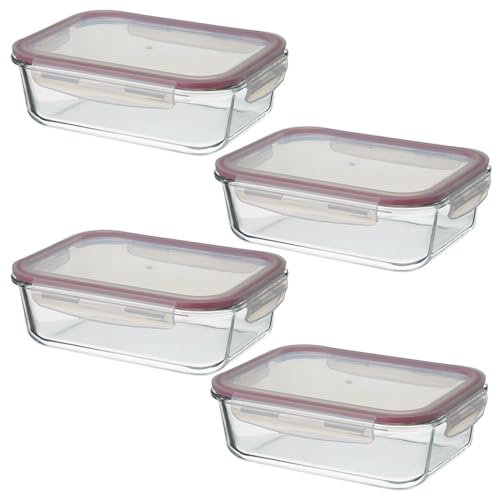 LOLAhome Set de 4 fiambreras de cristal con tapa hermética de 1500 ml. Juego de 4 recipientes herméticos de vidrio de borosilicato transparente apto para microondas, horno hasta 400ºC y congelador.