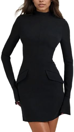 EMOTTOS Mujeres Ajustado Oficina Mini Vestido, Vestidos de Negocios con Bolsillos, Vestido Lápiz Bodycon con Mangas Acampanadas, Cuello Tortuga Vestido para Formal de Negocios de Oficina, Negro, M