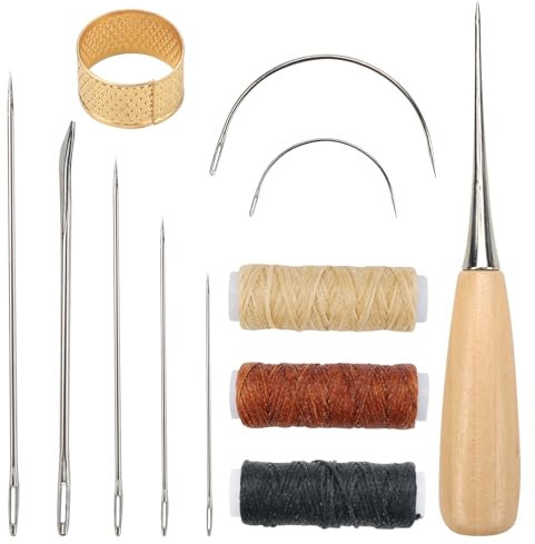 12 Stück Leder Nähset,Lederhandwerk Ledernähset Enthalten Leder Nähahle,3 Rollen Leder Wachsfaden mit 7Pcs Ledernadeln Hand Leder Reparatur Set,Leder Werkzeuge Set für DIY Handwerk