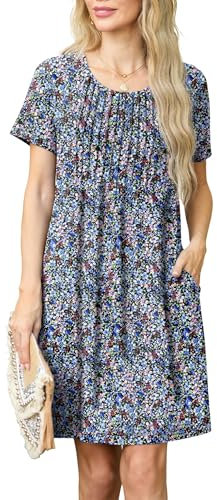 GRECERELLE Womens Summer Mini Dress Casual Short Sleeve Crew Neck Pleated Dresses with Pocket for Ladies (Black Anemone Flower, XL)