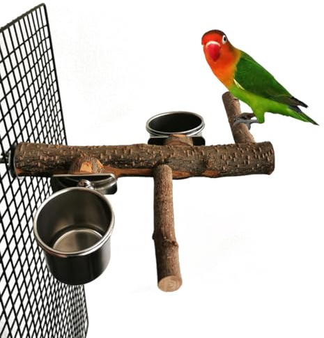 ZYYRSS Bird Feeding Bowl Bird Feeding Dish Cup Stainless Steel Bowl with Natural Wood Perch Platform for Parakeet Cockatiels Conure Budgies Lovebird Finch