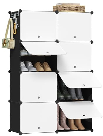WOLTU Meuble Chaussure, Rangement Chaussure avec 8 Compartiments, pour 32 Paires, Boîte à Chaussures Empilable, Étagère Chaussures en Plastique, avec Portes, Blanc+Noir