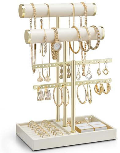 VLANDO 3 Tier Bracelet Holder Display, Leather Jewelry Holder Display for Women, Detachable Jewelry Stand for Bracelet, Necklace, Earrings, Rings - Beige