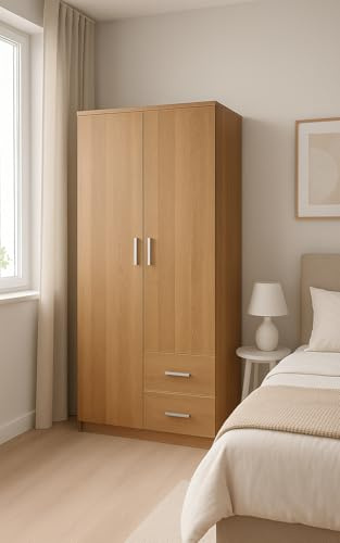 Panana Modern Bedroom Wardrobe Clothes Storage Closet with 2 Doors 2 Drawers, Hanging Rod and Storage Shelves, 77x50x180cm (Brown)