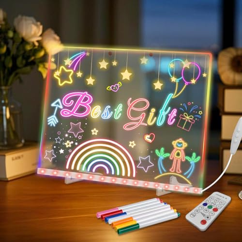Tiiyee Pizarra de Mensajes con LED Luminosa, Pizarra de Escritura de Acrílico con 7 colores Bolígrafo y Soporte Tablero de Notas Acrílico LED para Escuela Oficina 35 x 25 cm