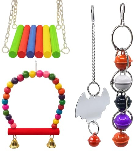 Budgie Swing, Bird Swing with 4-Piece Play Set Including Ladder, Mirror, Bells, and Rainbow Bridge, Fun Budgie Toys for Caged Birds, 12 x 8 x 20 cm