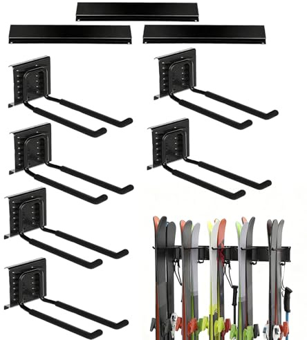 Celuicion Portasci di stoccaggio, con 6 ganci robusti antiscivolo - Rack sci snowboard per interni esterni e cantina, per accessori sportivi interni ed esterni, ripari da giardino