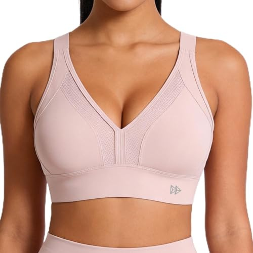 Yvette Sports Bras for Women High Impact Support, Sleek V-Neck Design with Adjustable Criss Cross Straps, Plus Size Sports Bra for Large Breasts Bust for Running & Workout,Water Pink,M Plus