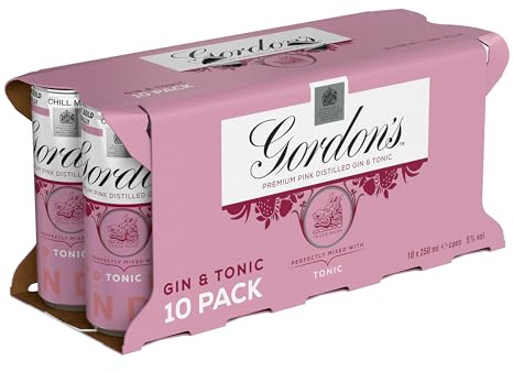 Gordon's Premium Pink Distilled Gin & Tonic | 5% vol | 10 x 250ml Can | Ready to Drink Pink Gin & Tonic Cans | Flavours of Raspberry | Strawberry & Redcurrant