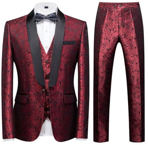KUDORO Herren Anzüge 3-Teilig Slim Fit Paisley für Hochzeit Party Eine Knöpfe Jacquard Smoking Herrenanzug Sakko Weste Hose(Rot,L)