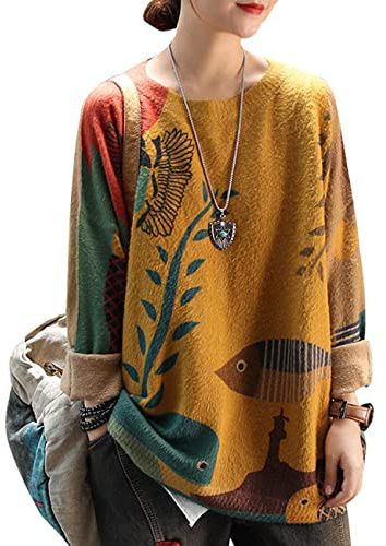 YESNO Women Long Sleeve Jumpers Oversized Graphic Knitted Sweater Crew Neck Loose Vintage Pullover Sweater Tops (XL S01UK CR19)