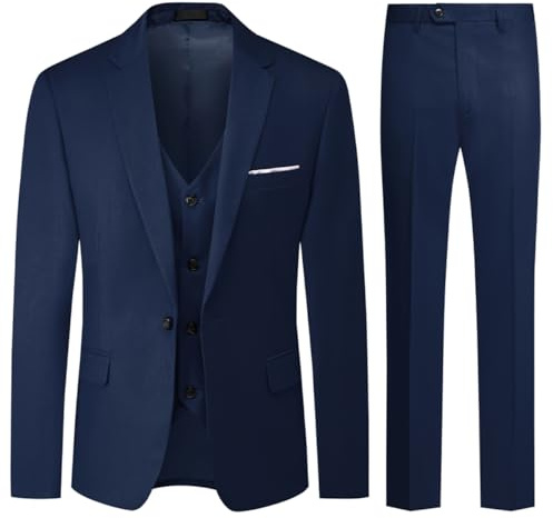 Allthemen Costume Homme Mariage 3 Pièces Slim Fit Smoking Costumes Un Bouton Couleur Pure Formel Veste Homme Gilet et Pantalon Bleu S