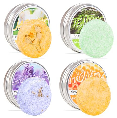 No2Plastic Four Shampoo Bars In Tins Gift Set. 100% Natural Ingredients, hand pressed and hand wrapped into Tins. Zero waste, zero plastic. Honey, Tea Tree, Jasmine and Lavander