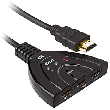 Ekon splitter HDMI, HDMI Switch, 3 porte HDMI, cavo HDMI da 40 cm, connettori dorati, risoluzione 4K Ultra HD,