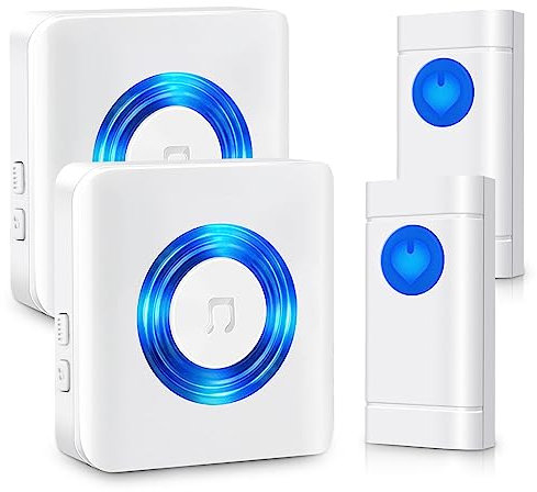 Satisure Carillon sans fil 2 émetteurs 2 récepteurs, Set de sonnette de porte sans fil étanche, 400M/1300FT, Blanc