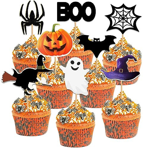 BOOSHMall Halloween Cupcake Topper, 48 Stück Halloween Muffin Deko, Halloween Kuchen Deko, Halloween Kuchen Flaggen, für Halloween Party
