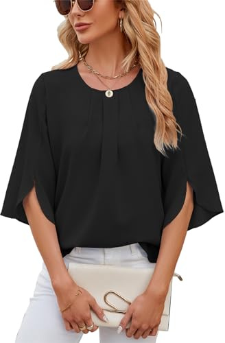 LEKOPUR Chiffongtoppar för kvinnor, 3/4-ärm, damblusar, eleganta avslappnade lösa tunika klänningar för kvinnor, sommar, damblusar och skjortor, kväll, festtoppar för leggings