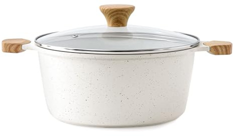 SENSARTE Ceramic Nonstick Stock Pot with Lid, 4.5 Quart Induction Cooking Pot with Tempered Glass Lid, Stew Pot for Soup and Oatmeal, Pasta Casserole, PFOA PFAS PTFE Free, White