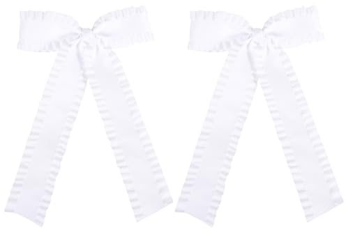 2Pcs Ruffle Ribbon Hair Bows for Women Girls,Big White Silky Satin Frilly Tassel Bowknot Hair Clips Barrettes with Long Tail Toddler Teens Kids Ponytail Holder Decor Accessories 5.5in