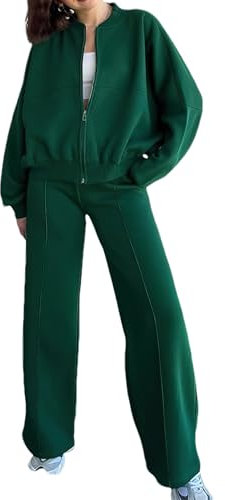 amropi Trainingsanzug Damen Jacke mit Reißverschluss und Jogginghose 2 Stück Kleidungsset Dunkelgrün, M