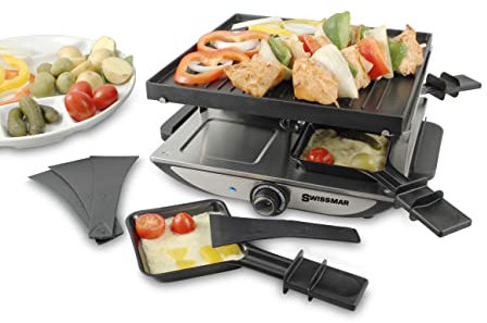 Swissmar Geneva Raclette per 4 persone, griglia raclette con padella e cursore, Mini griglia per raclette con piastra antiaderente e 4 padelle per raclette, 800 W