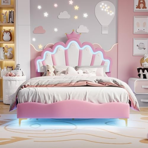 ADFUNIT Barnsäng, 140 x 200, klädsel, enkelsäng för flickor, kronformad prinsesssäng, ungdomssäng, med justerbar LED-ljuslist, rosa (utan madrass)