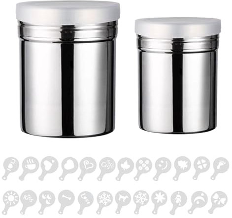2Pcs Icing Sugar Shaker Duster with Lid, Chocolate Powder Shaker Stainless Steel, Sugar Shaker with 20 Different Pulling Moulds, Flour Shaker for Cappuccino, Sugar, Salt, Cocoa, Flour, Coffee