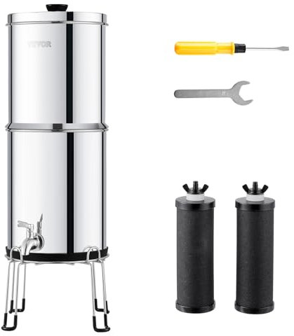 VEVOR Système de Filtration d'Eau par Gravité 8,5 L, Filtre à Eau par Gravité de Comptoir, en Inox 304, Réduction du Plomb et jusqu'à 99% du Chlore, avec 2 Filtres à Charbon, Robinet et Stand