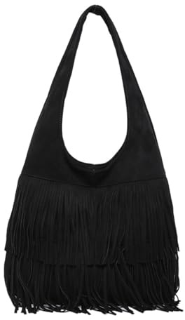 CORIOS Sac à Main en Daim pour Femme Vintage Sacs Hobo à Franges Sacs Portés Épaule à Glands Western Hippie Sacs Cabas Grande Sac Hobo Rétro Élégant Travail Voyage Achats Sac Fourre Tout Noir