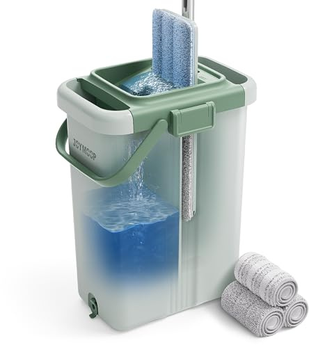 JOYMOOP Trapeador Plano XL con Sistema de escurrido, Set de Limpieza para Suelo y Pared con Mango Largo, Microfibra de Alta absorción, Cubo Verde con 3 Almohadillas